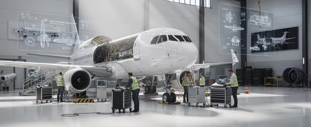 Aircraft technicians working on a jet in a hangar with digital technical displays.
