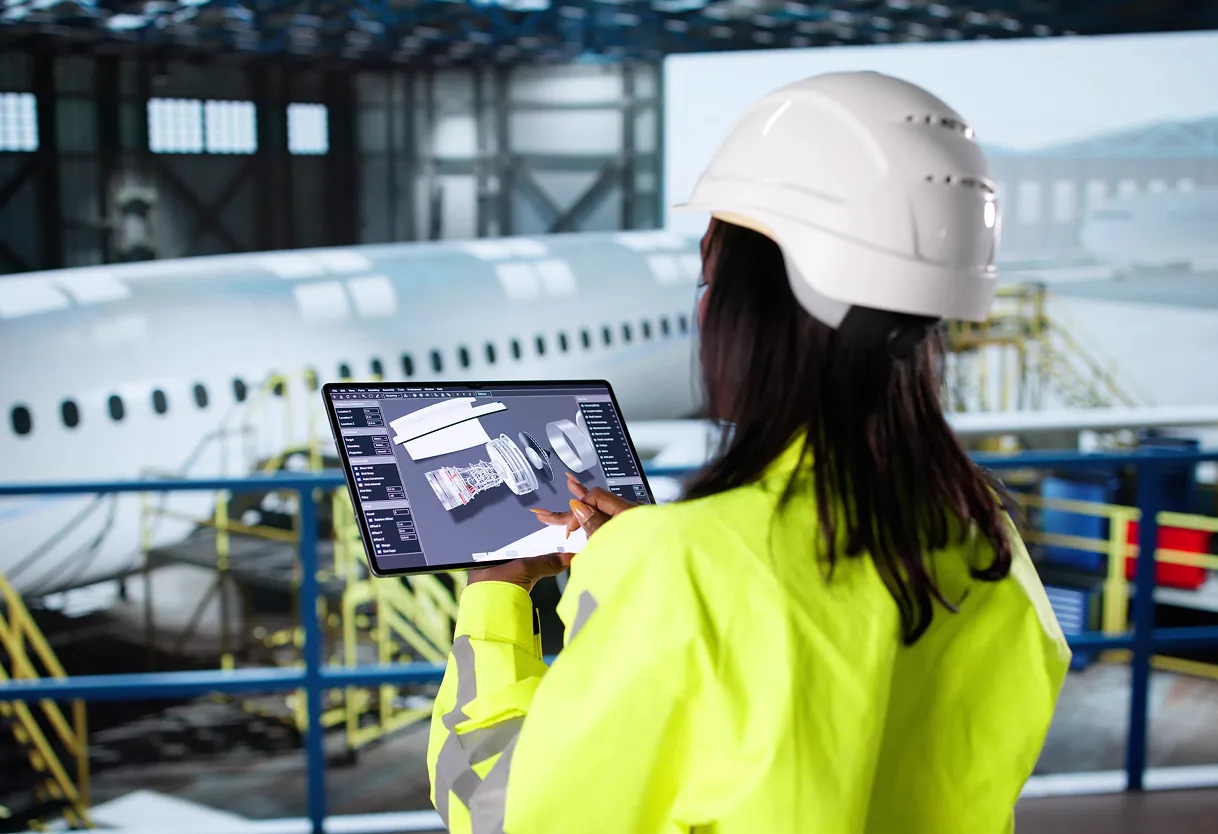 Engineer using a tablet in an airplane hangar