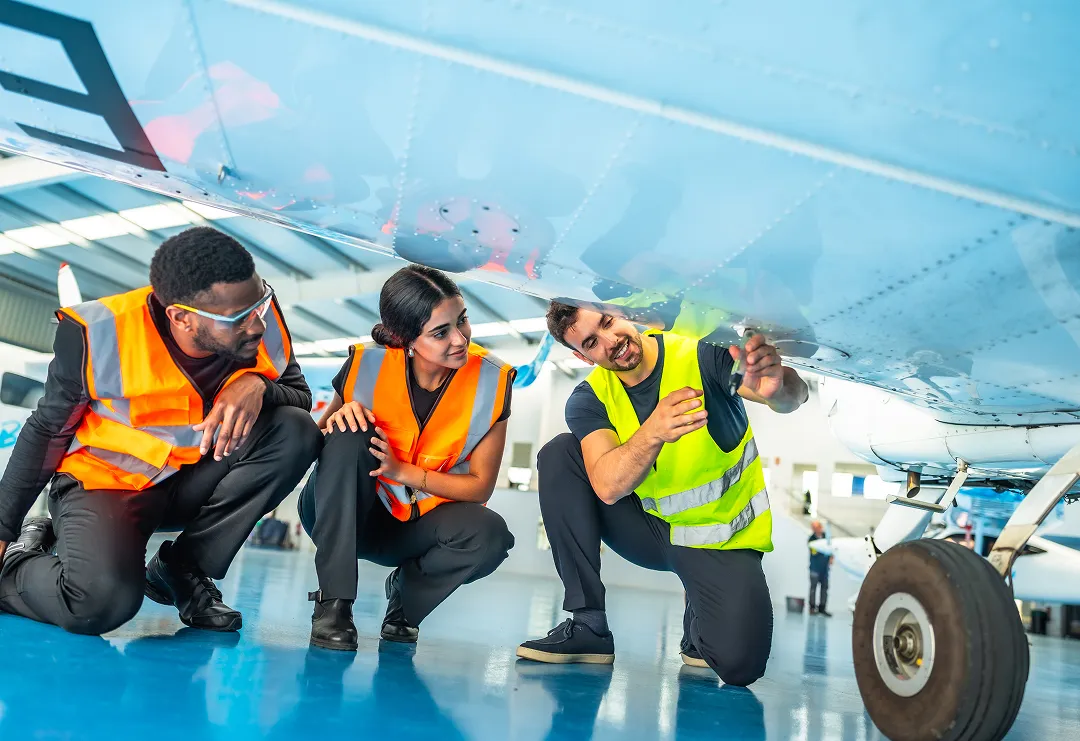 Mechanics in safety gear inspecting the underside of a plane in a hangar