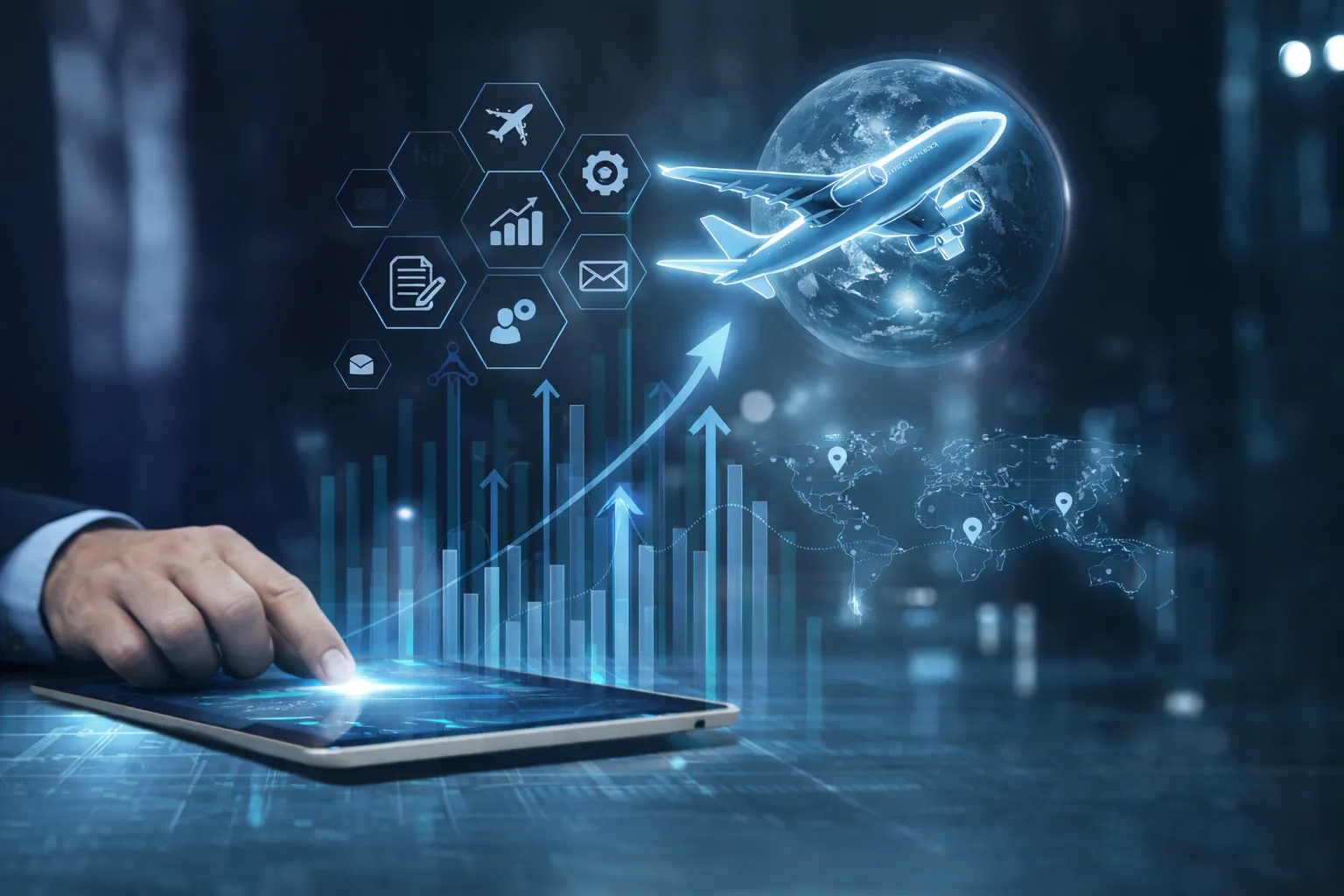 Hand touching a tablet with glowing blue aviation and growth graphics