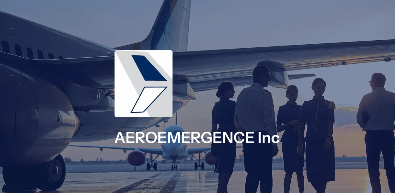 Aeroemergence Inc logo over a darkened airport tarmac with silhouettes of planes and crew