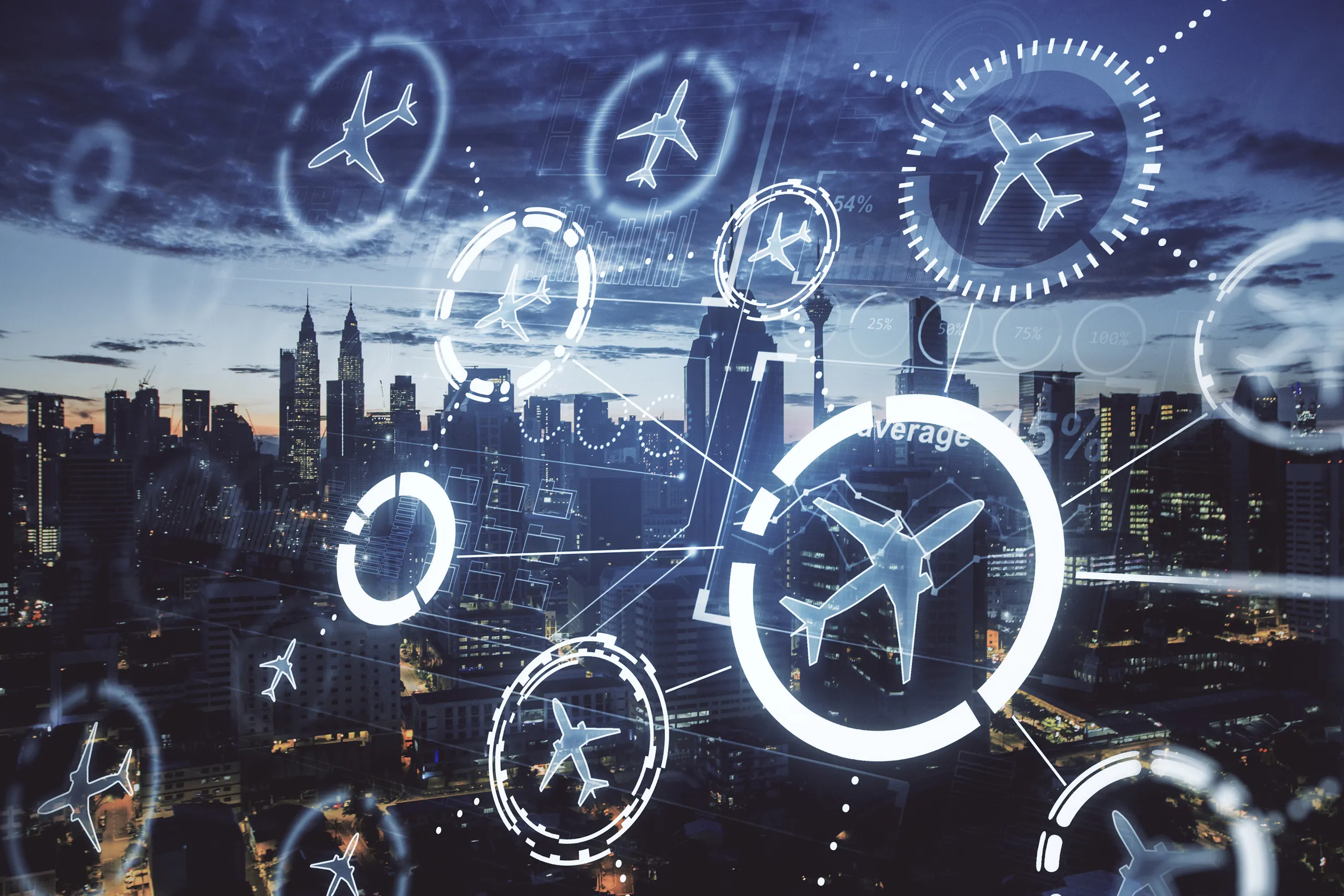 Stylized aviation network icons superimposed over a night urban landscape